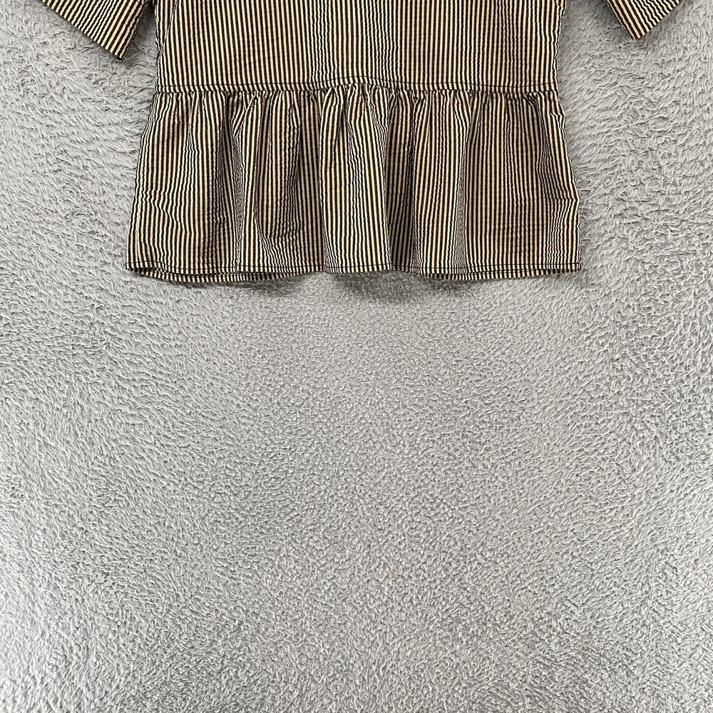 Ganni Seersucker Tie Top Womens 38 Striped Peplum Bow Ruffle Short Sleeve Beige - Picture 10 of 13
